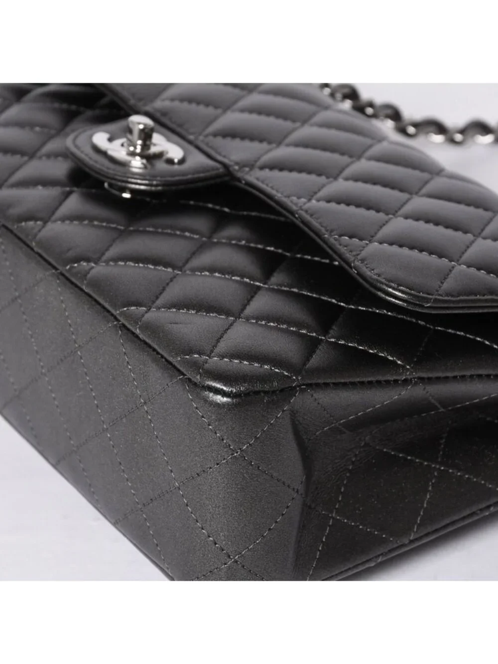 Chanel Quilted 25 Double Flap Chain Shoulder Bag Shine Gray Lambskin Silver